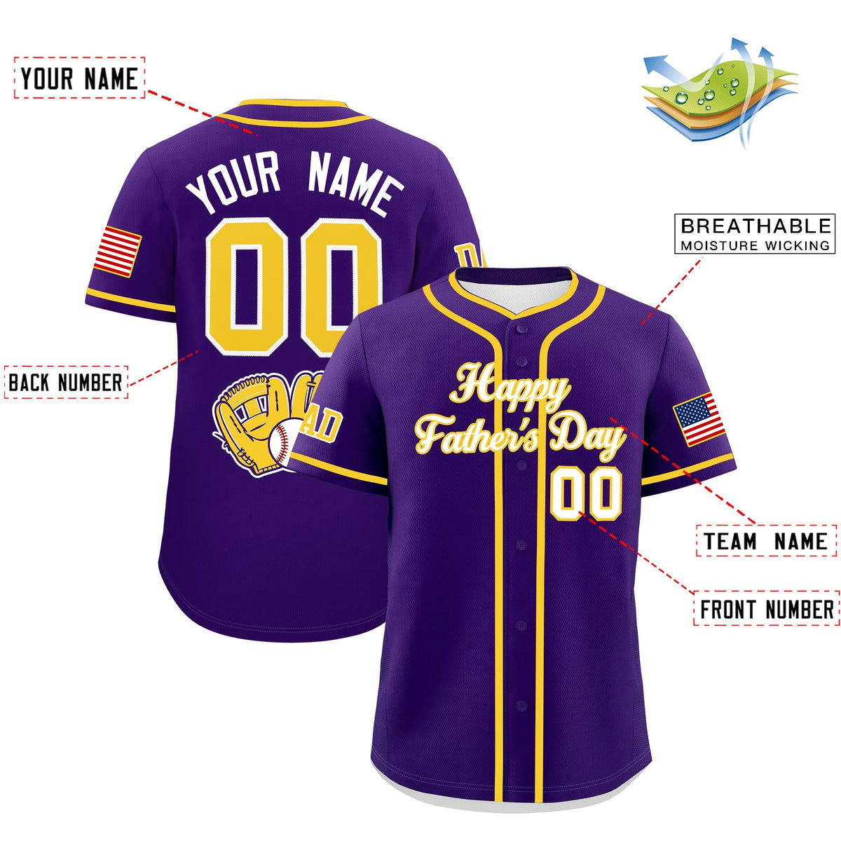 Custom Purple White Gold Classic Style Father's Day Quick Dry Baseball Jersey| KXKSHOP