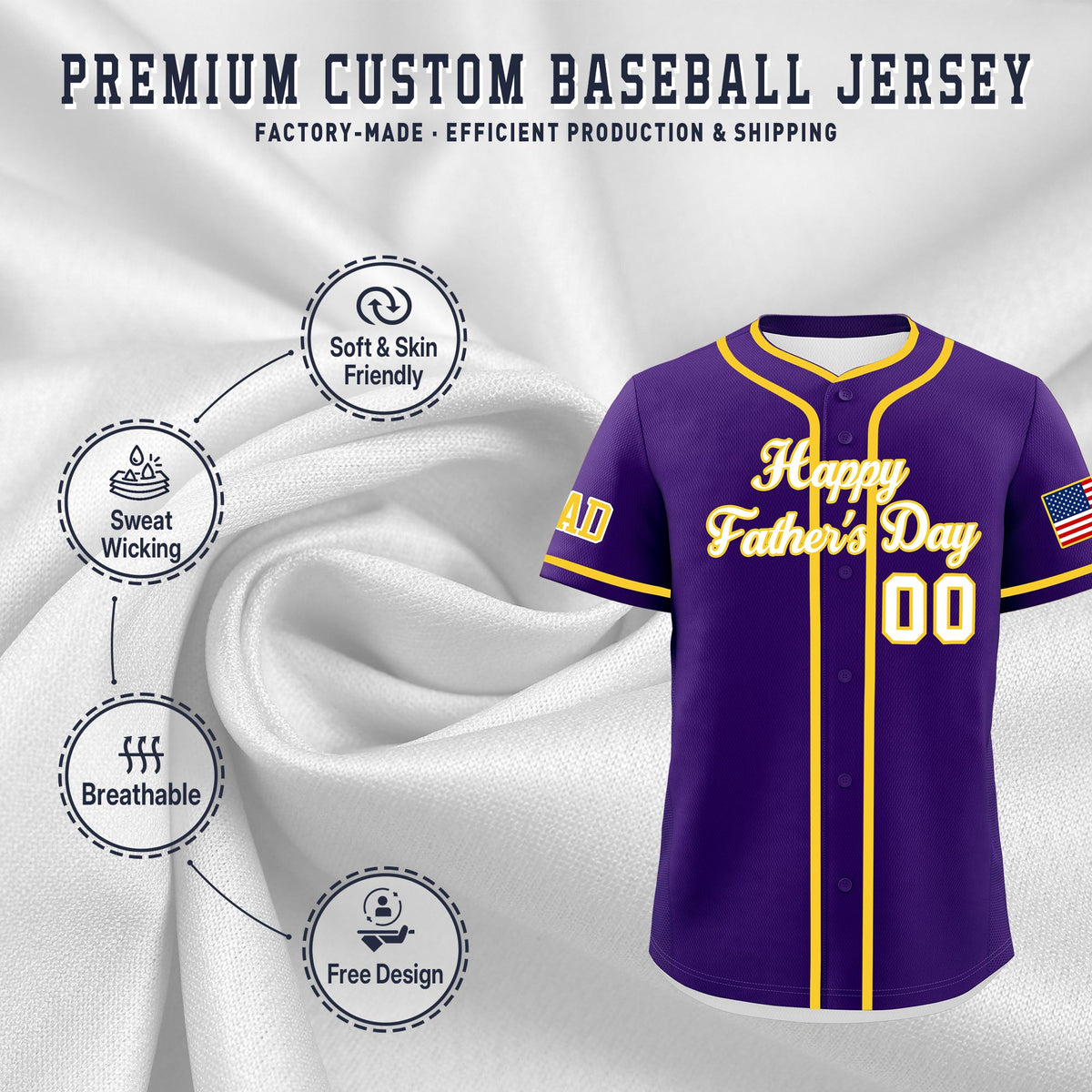 Custom Purple White Gold Classic Style Father's Day Quick Dry Baseball Jersey| KXKSHOP