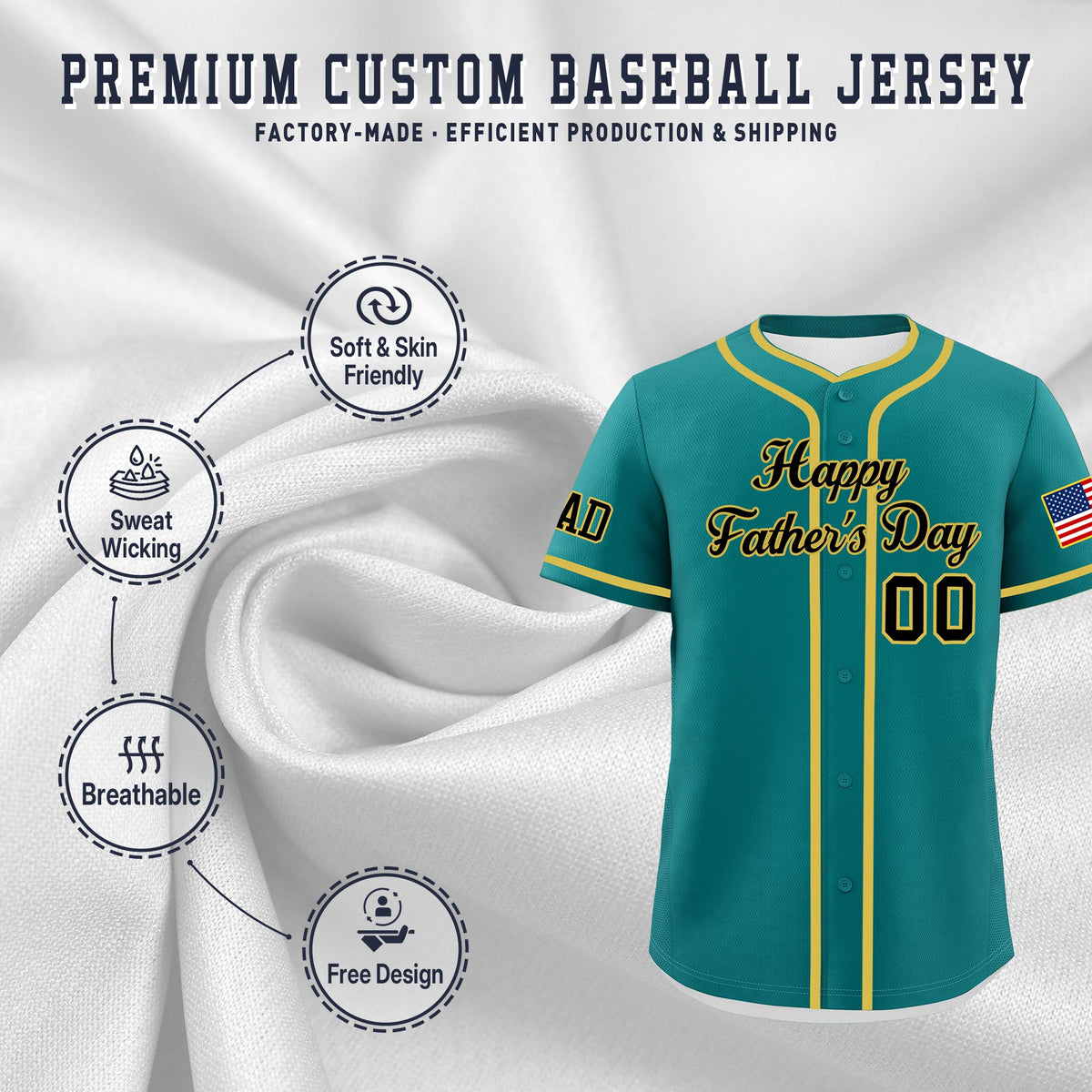 Custom Teal Black Old Gold Classic Style Father's Day Quick Dry Baseball Jersey| KXKSHOP