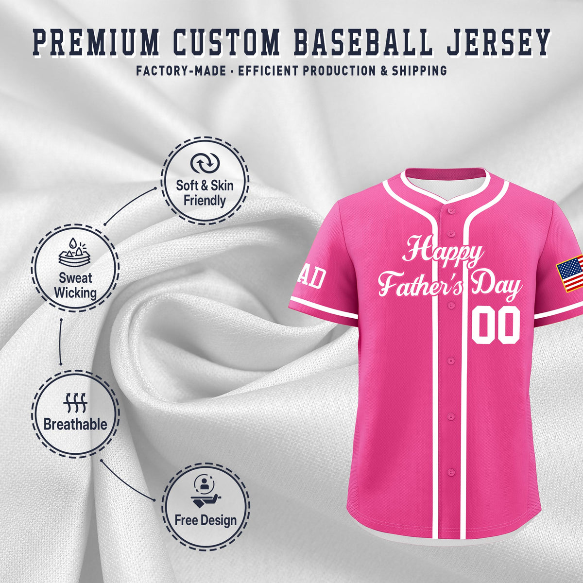 Custom Pink White Classic Style Father's Day Quick Dry Baseball Jersey| KXKSHOP