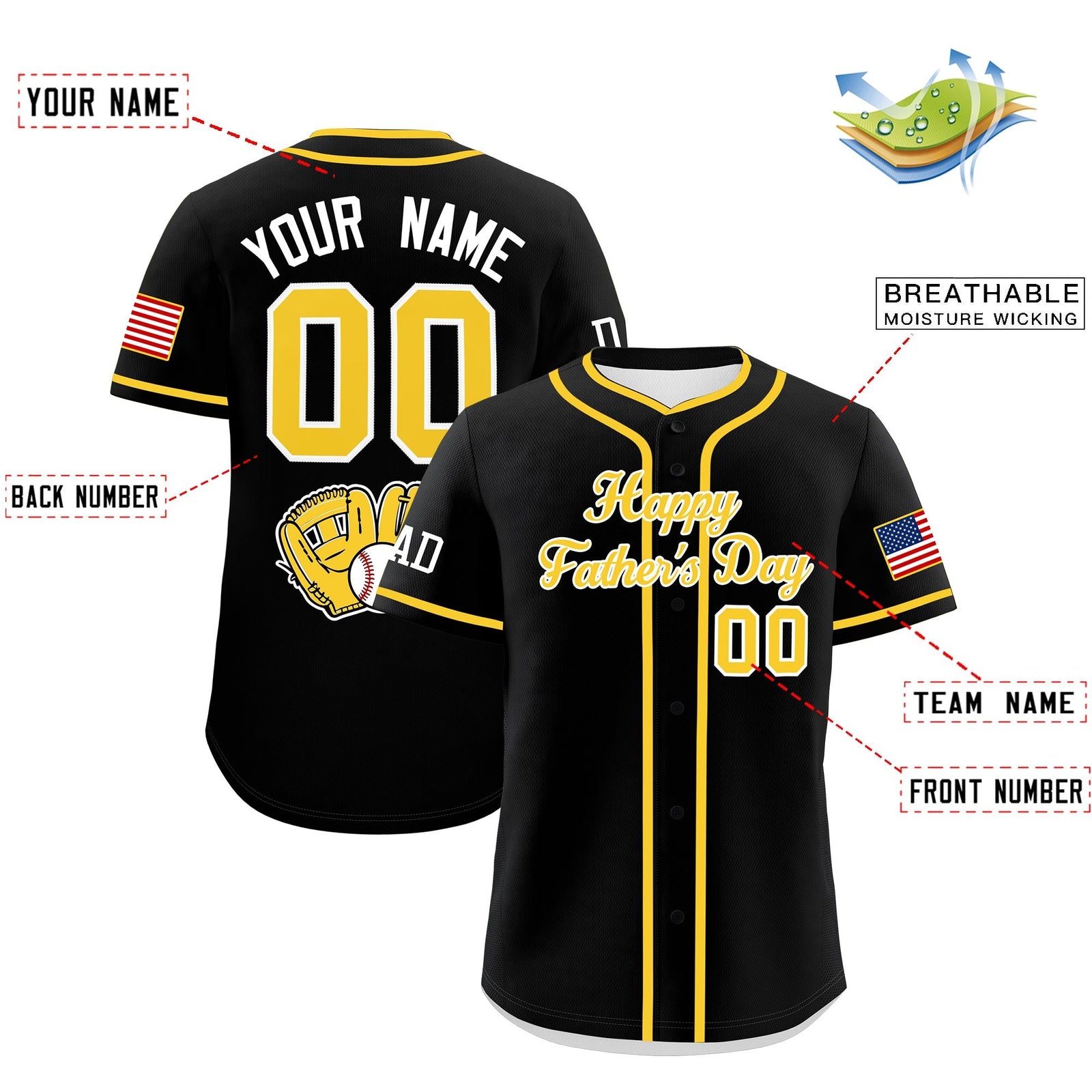 Custom Black Gold White Classic Style Father's Day Quick Dry Baseball Jersey| KXKSHOP