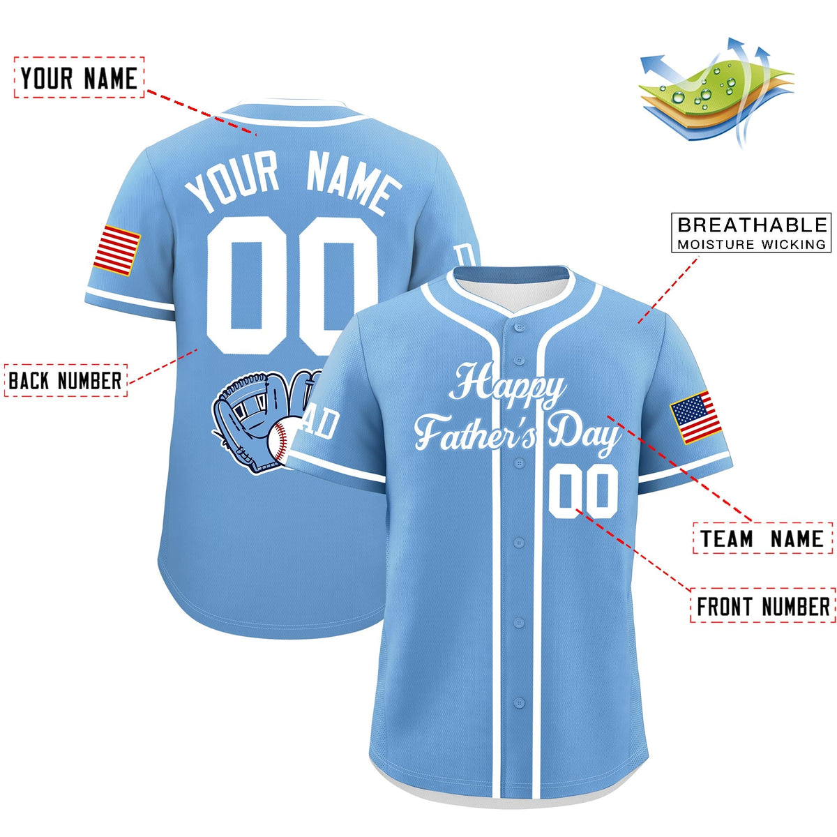 Custom Powder Blue White Classic Style Father's Day Quick Dry Baseball Jersey| KXKSHOP
