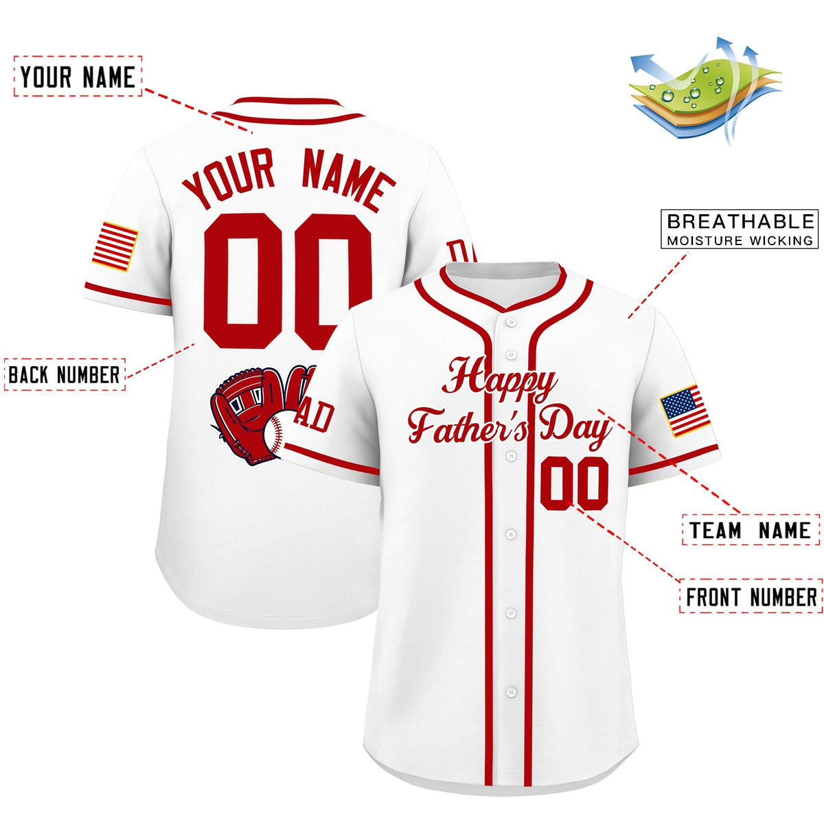 Custom White Red Classic Style Father's Day Quick Dry Baseball Jersey| KXKSHOP