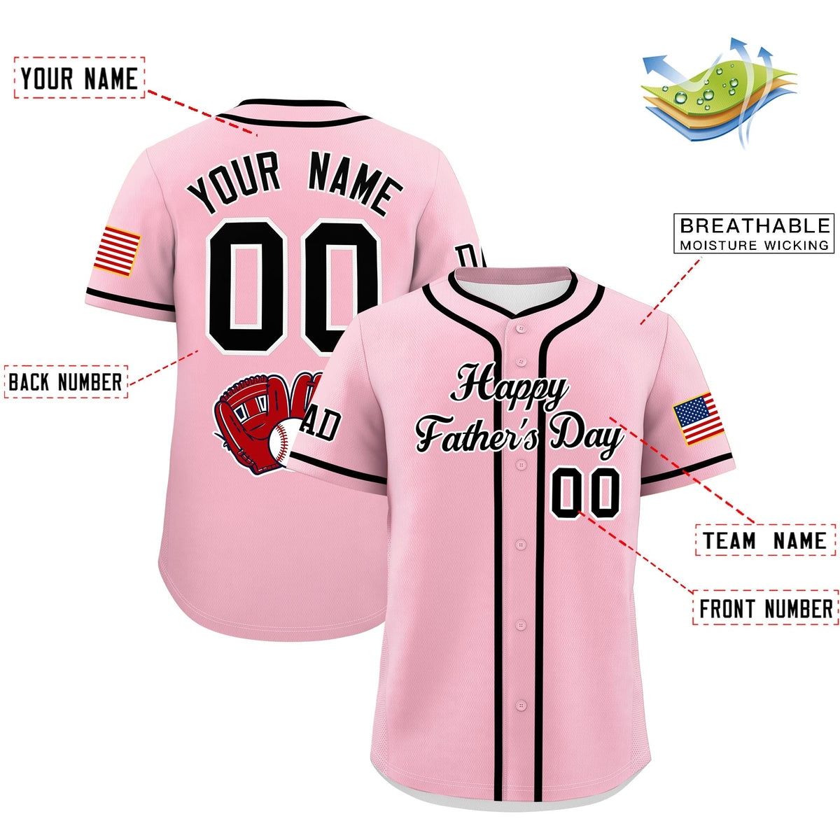 Custom Light Pink Black White Classic Style Father's Day Quick Dry Baseball Jersey| KXKSHOP