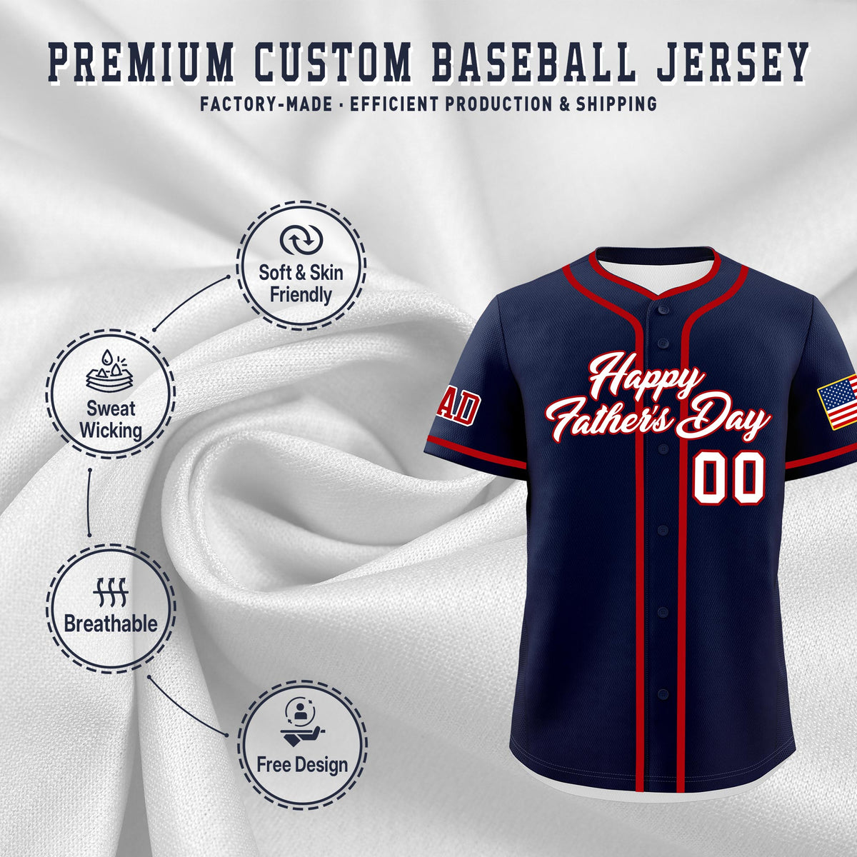 Custom Navy White Red Classic Style Father's Day Quick Dry Baseball Jersey| KXKSHOP
