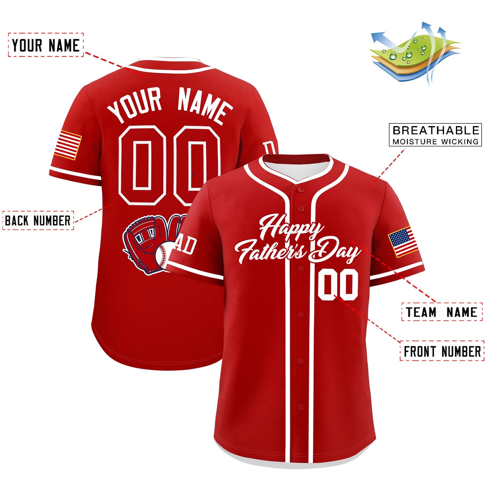 Custom Red White Classic Style Father's Day Quick Dry Baseball Jersey| KXKSHOP