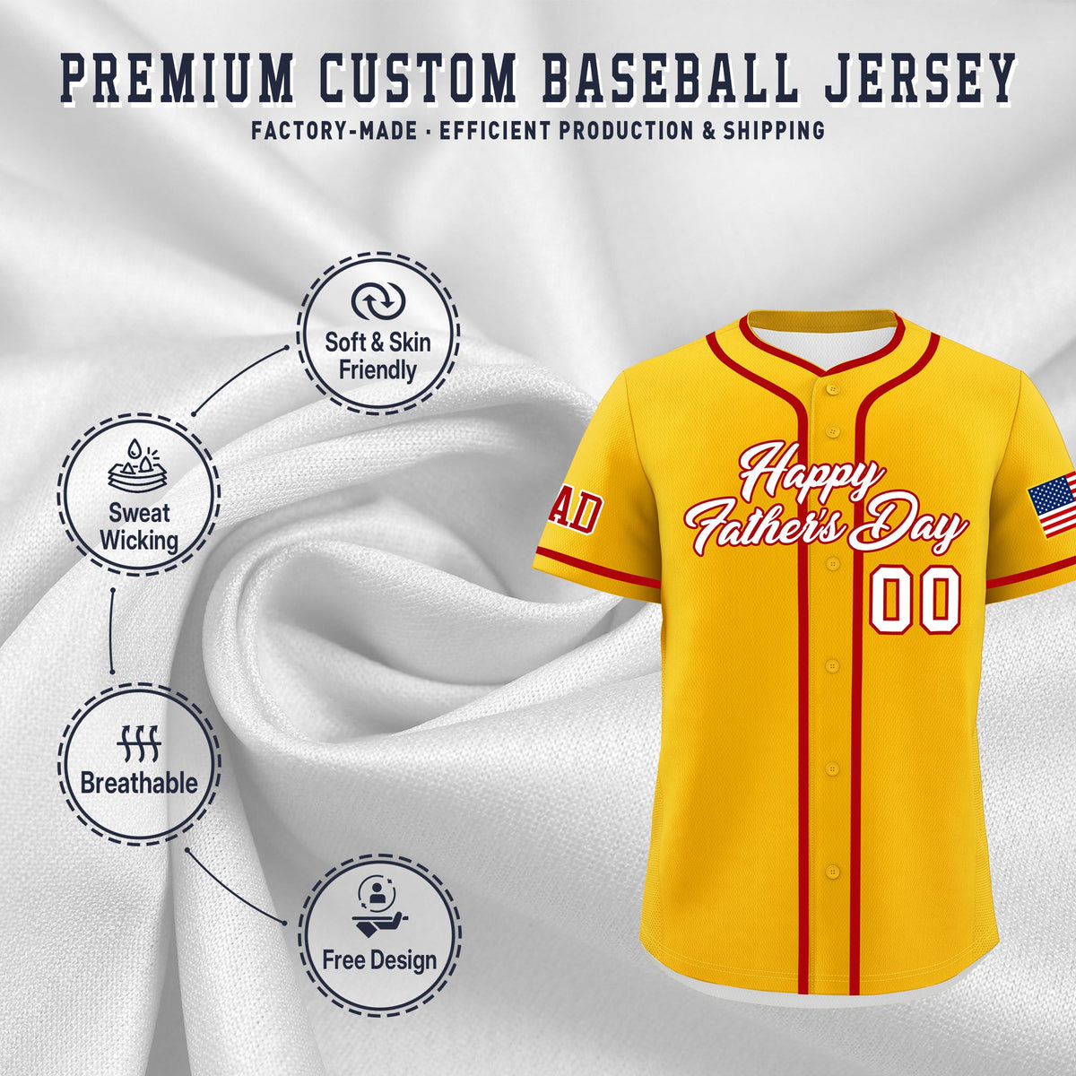 Custom Yellow White Red Classic Style Father's Day Quick Dry Baseball Jersey| KXKSHOP