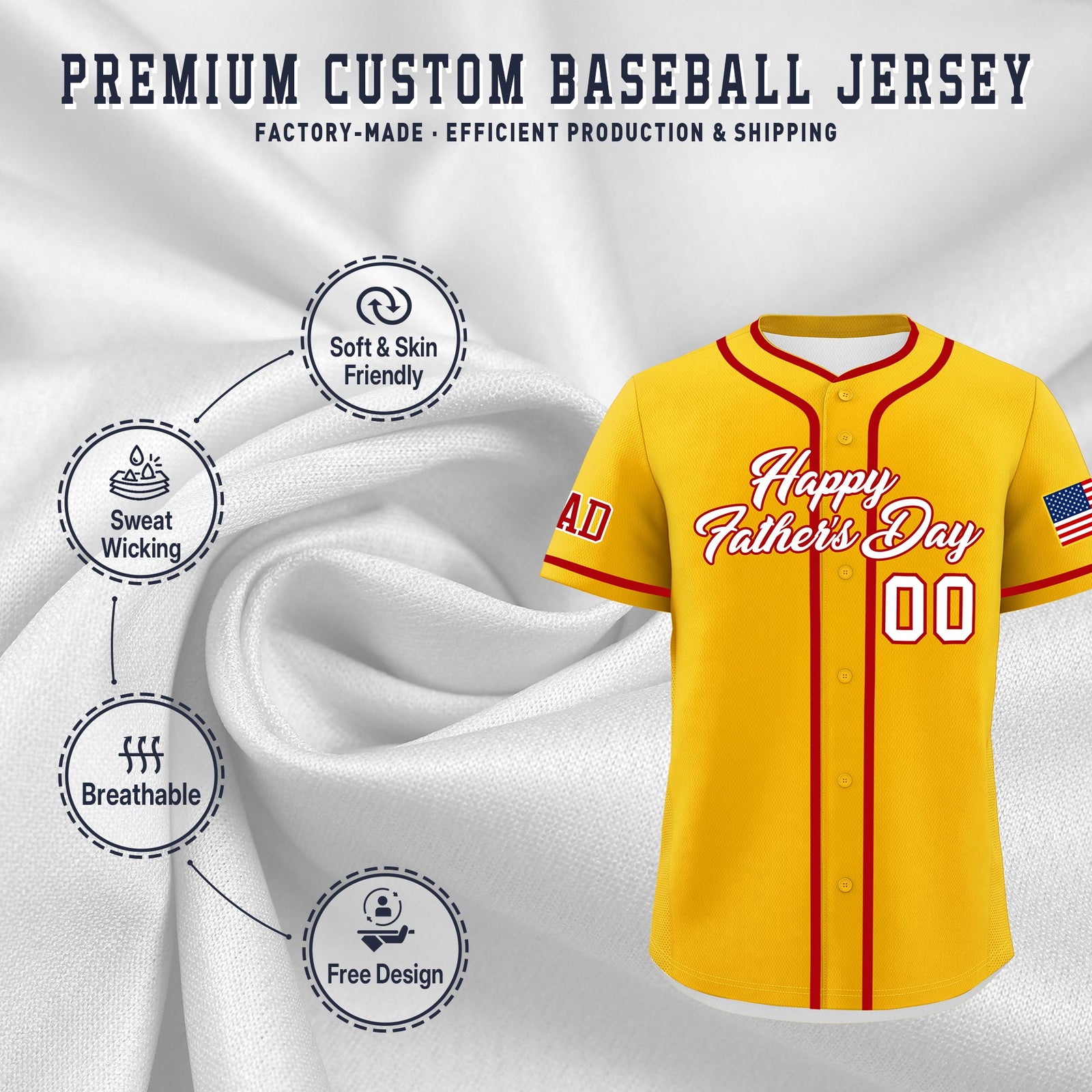 Custom Yellow White Red Classic Style Father's Day Quick Dry Baseball Jersey| KXKSHOP