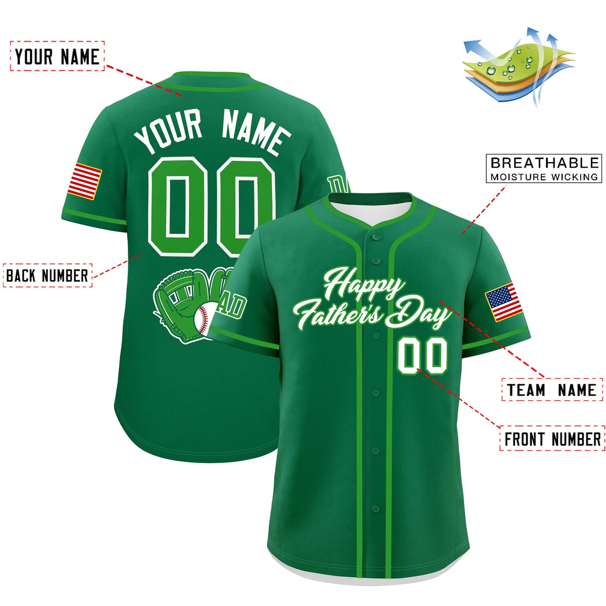 Custom Kelly Green White Light Green Classic Style Father's Day Quick Dry Baseball Jersey| KXKSHOP