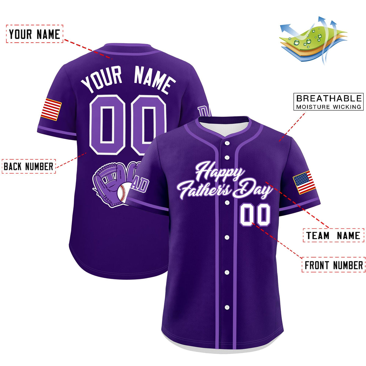 Custom Purple White Classic Style Father's Day Quick Dry Baseball Jersey| KXKSHOP