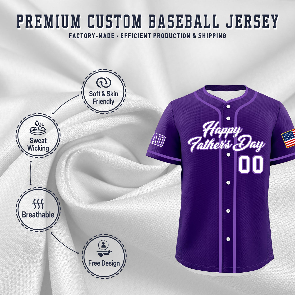 Custom Purple White Classic Style Father's Day Quick Dry Baseball Jersey| KXKSHOP