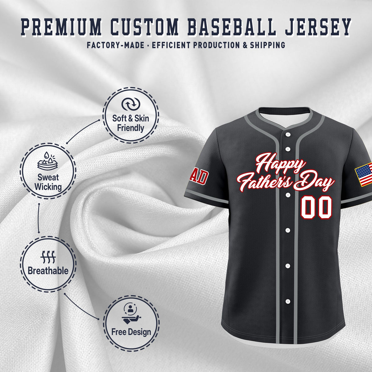 Custom Dark Gray White Red Classic Style Father's Day Quick Dry Baseball Jersey| KXKSHOP