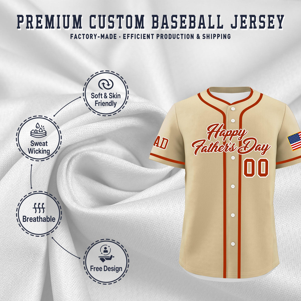 Custom Brazilian Sand Dark Orange White Classic Style Father's Day Quick Dry Baseball Jersey| KXKSHOP