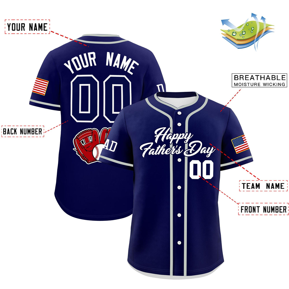 Custom Dark Blue White Classic Style Father's Day Quick Dry Baseball Jersey| KXKSHOP