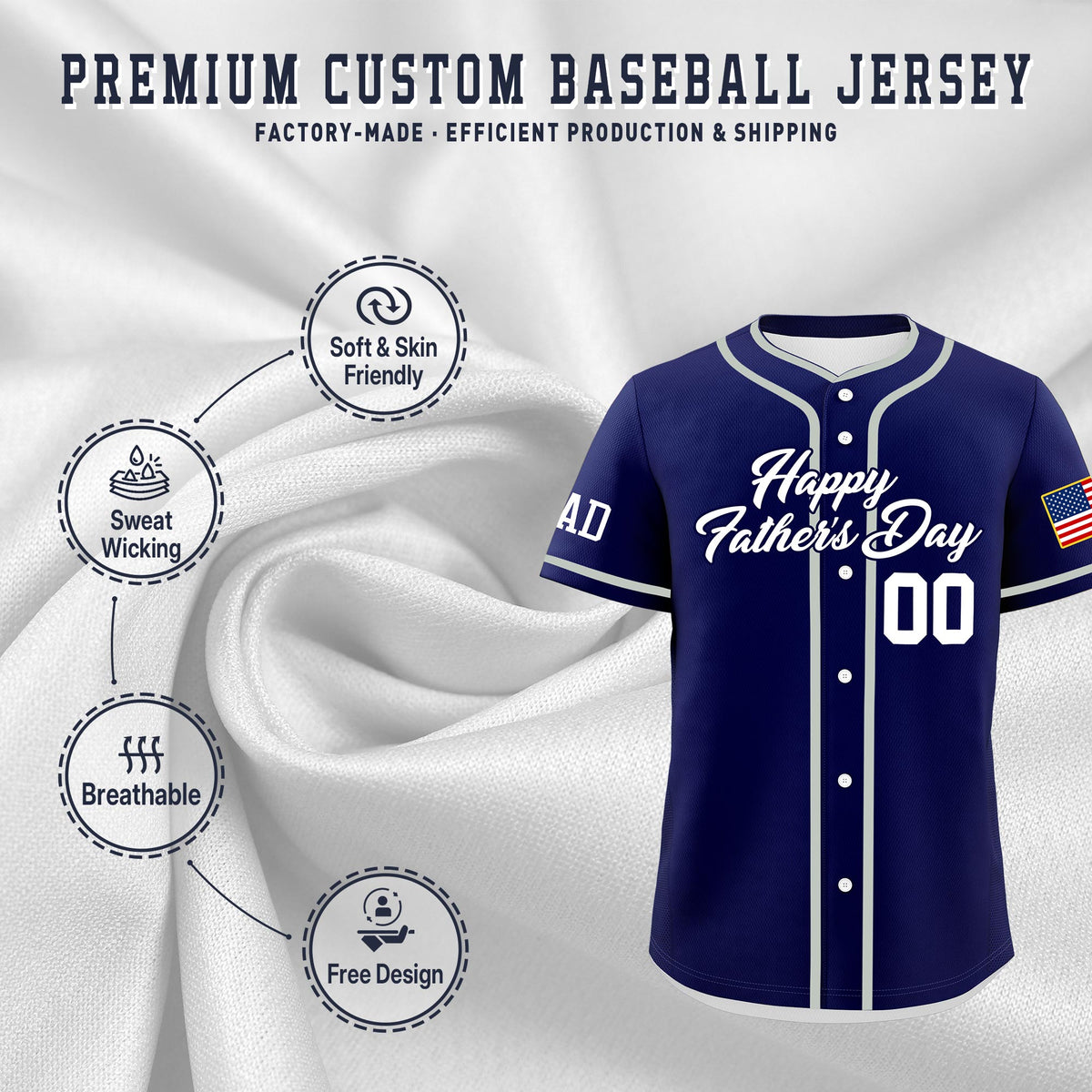 Custom Dark Blue White Classic Style Father's Day Quick Dry Baseball Jersey| KXKSHOP