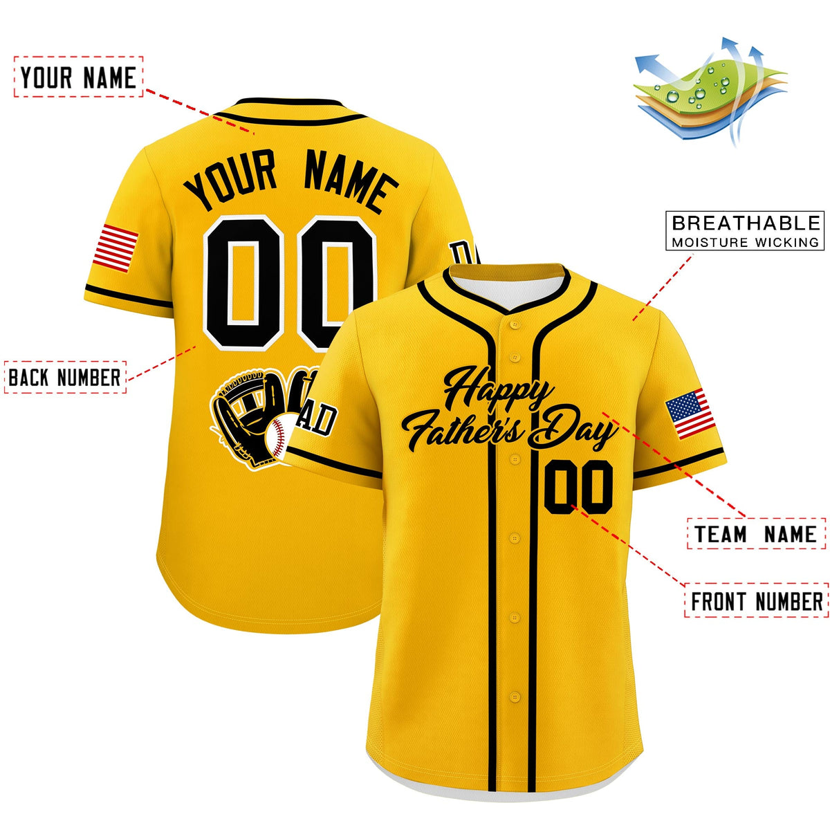 Custom Yellow Black Classic Style Father's Day Quick Dry Baseball Jersey| KXKSHOP