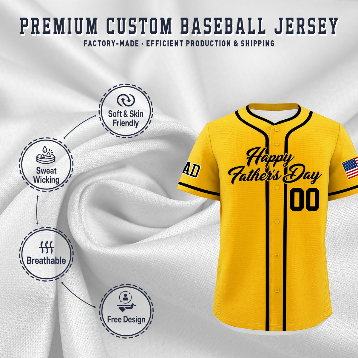 Custom Yellow Black Classic Style Father's Day Quick Dry Baseball Jersey| KXKSHOP