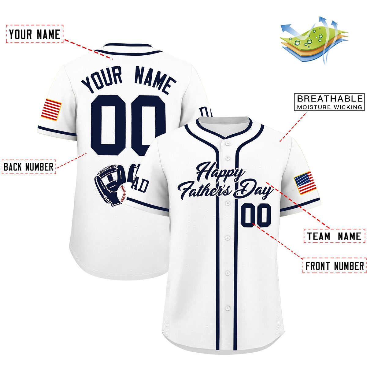 Custom White Navy Classic Style Father's Day Quick Dry Baseball Jersey| KXKSHOP