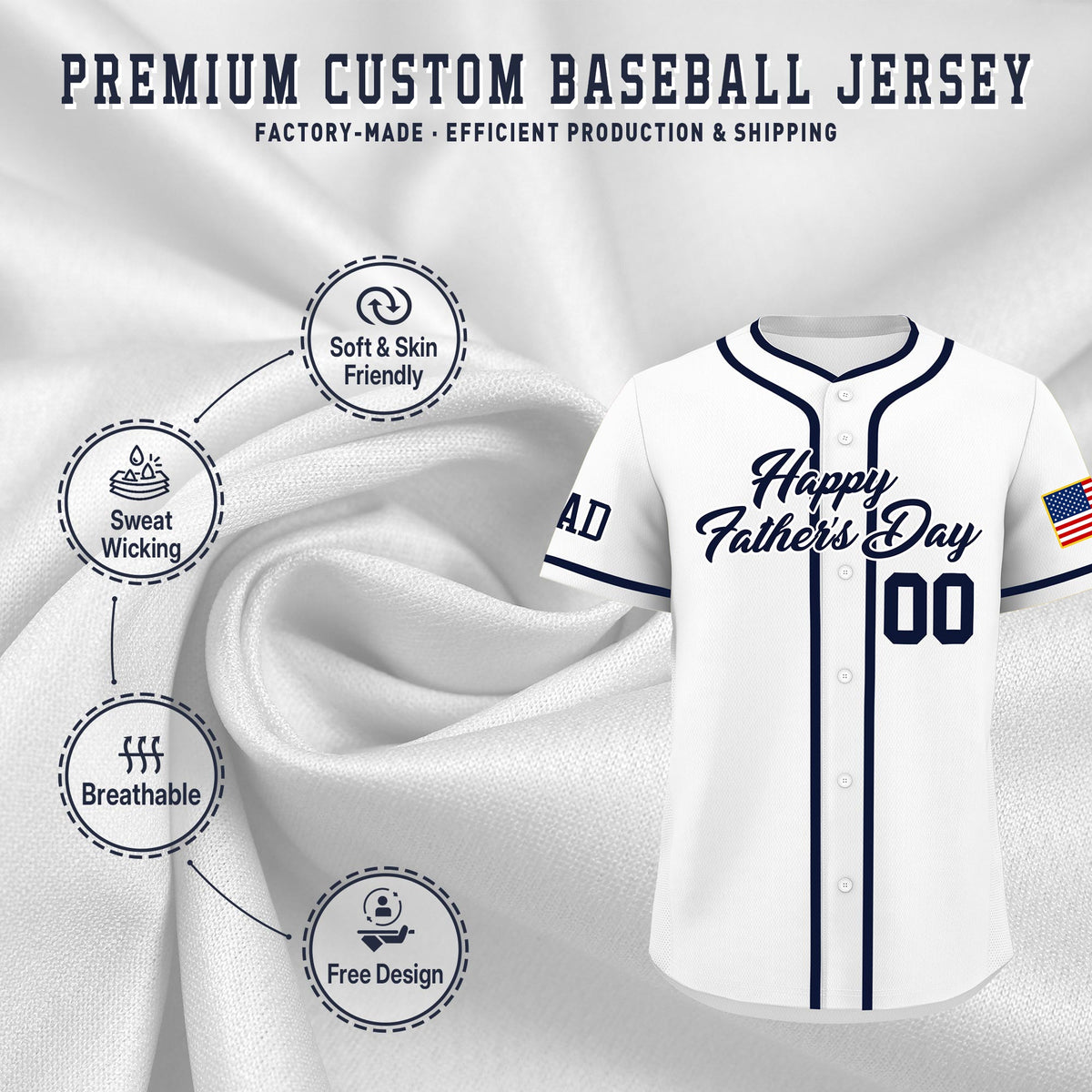 Custom White Navy Classic Style Father's Day Quick Dry Baseball Jersey| KXKSHOP