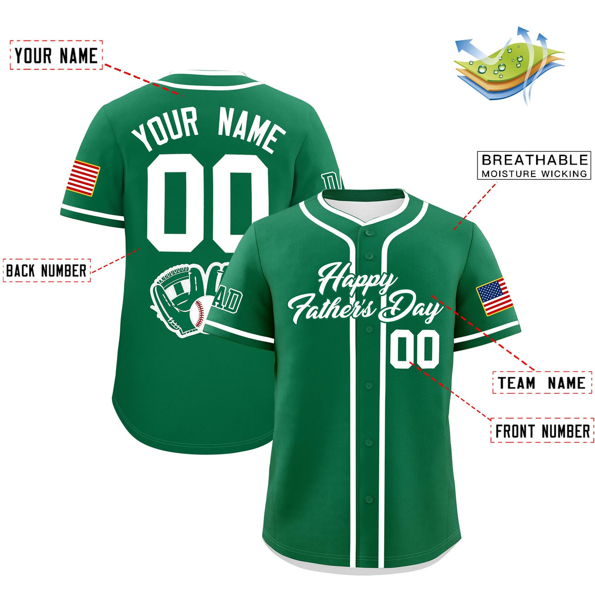 Custom Kelly Green White Classic Style Father's Day Quick Dry Baseball Jersey| KXKSHOP