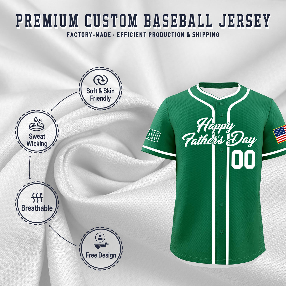 Custom Kelly Green White Classic Style Father's Day Quick Dry Baseball Jersey| KXKSHOP