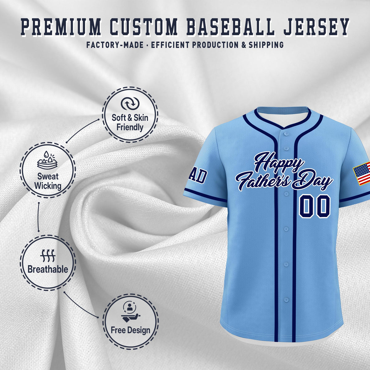 Custom Powder Blue Dark Blue White Classic Style Father's Day Quick Dry Baseball Jersey| KXKSHOP