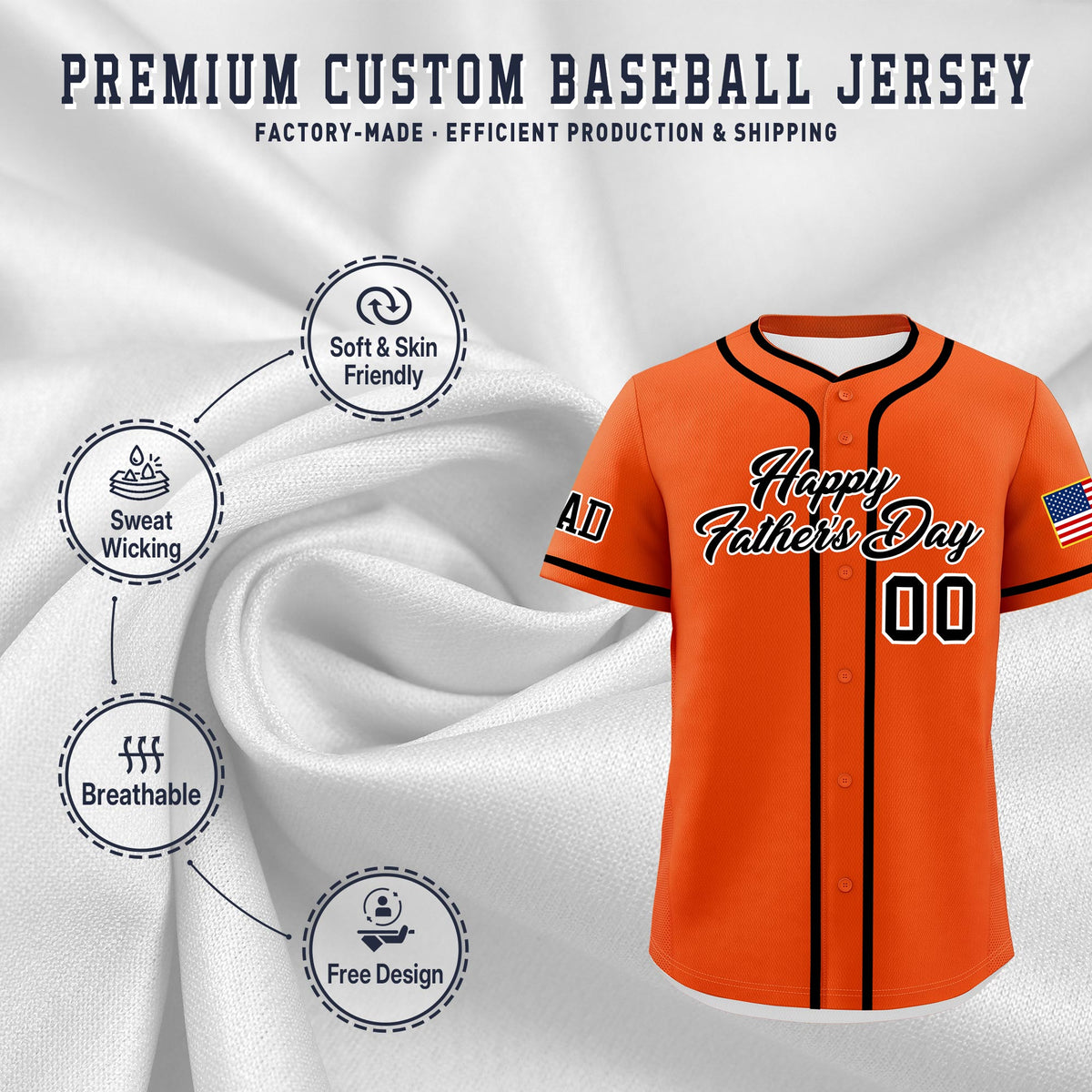 Custom Orange Black White Classic Style Father's Day Quick Dry Baseball Jersey| KXKSHOP
