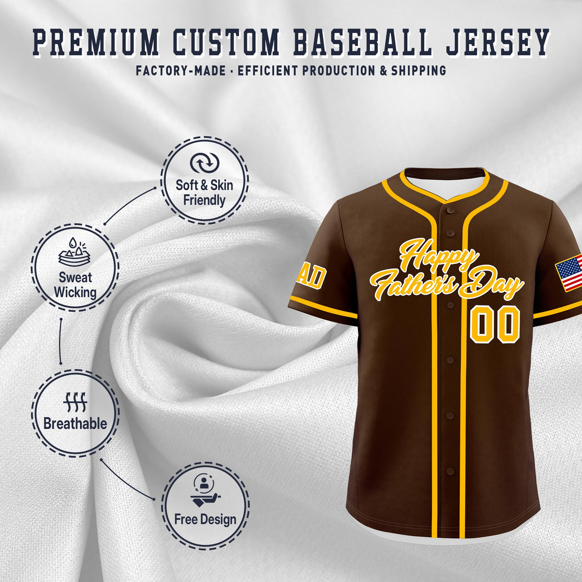 Custom Brown Yellow White Classic Style Father's Day Quick Dry Baseball Jersey| KXKSHOP
