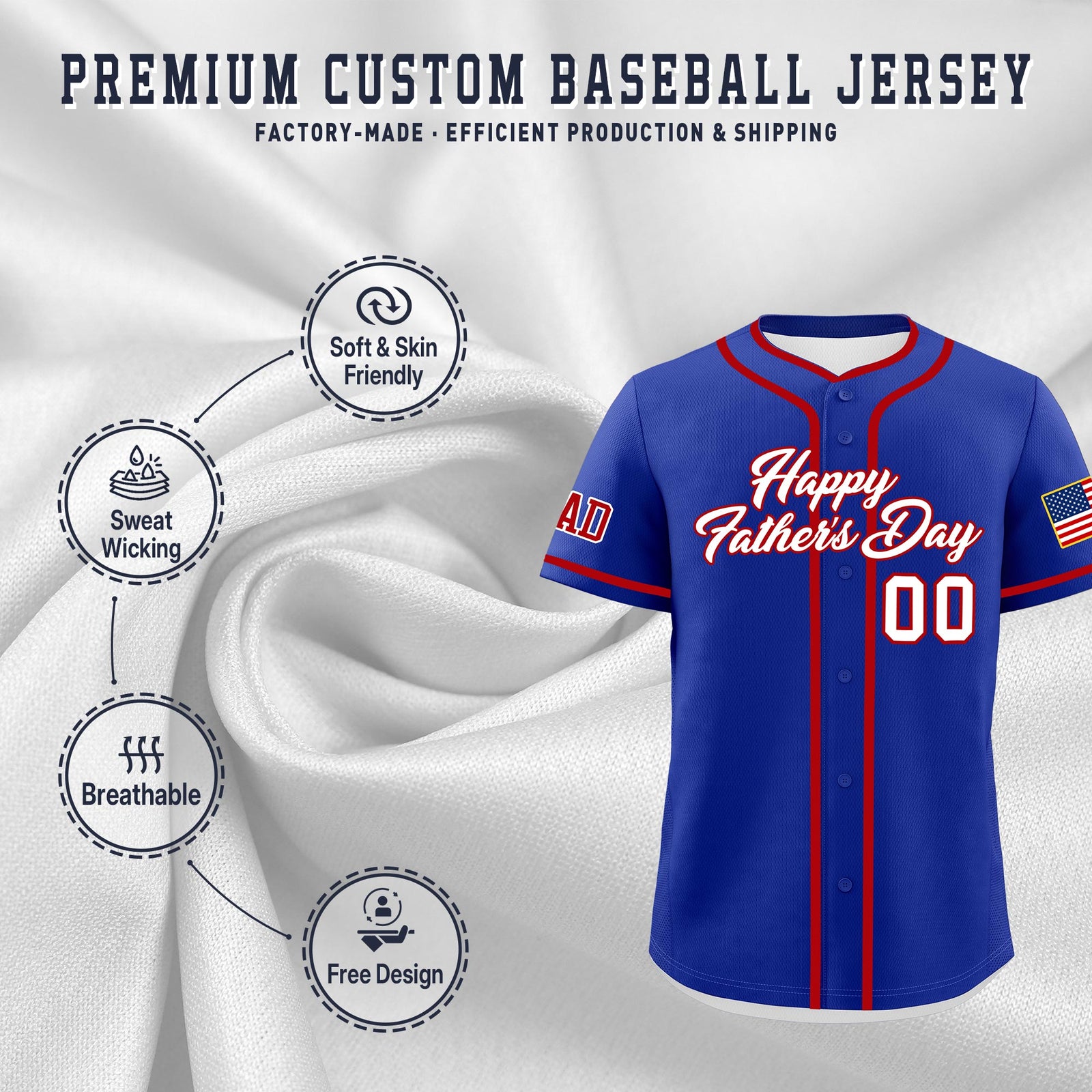 Custom Royal Blue White Red Classic Style Father's Day Quick Dry Baseball Jersey| KXKSHOP