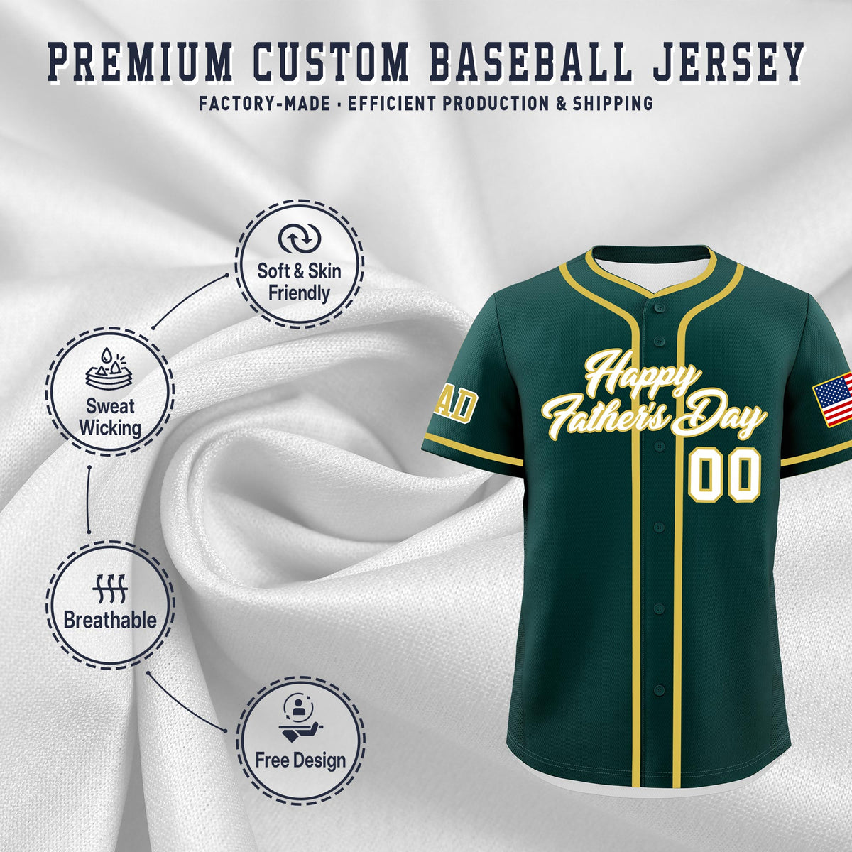 Custom Dark Green White Old Gold Classic Style Father's Day Quick Dry Baseball Jersey| KXKSHOP