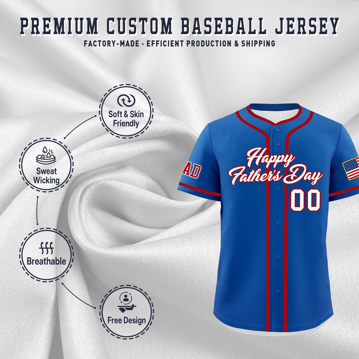 Custom Royal White Red Classic Style Father's Day Quick Dry Baseball Jersey| KXKSHOP