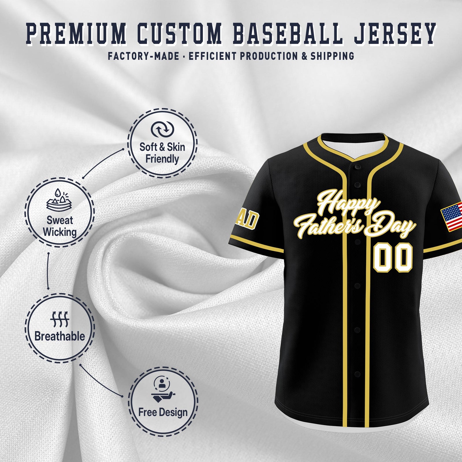 Custom Black White Old Gold Classic Style Father's Day Quick Dry Baseball Jersey| KXKSHOP