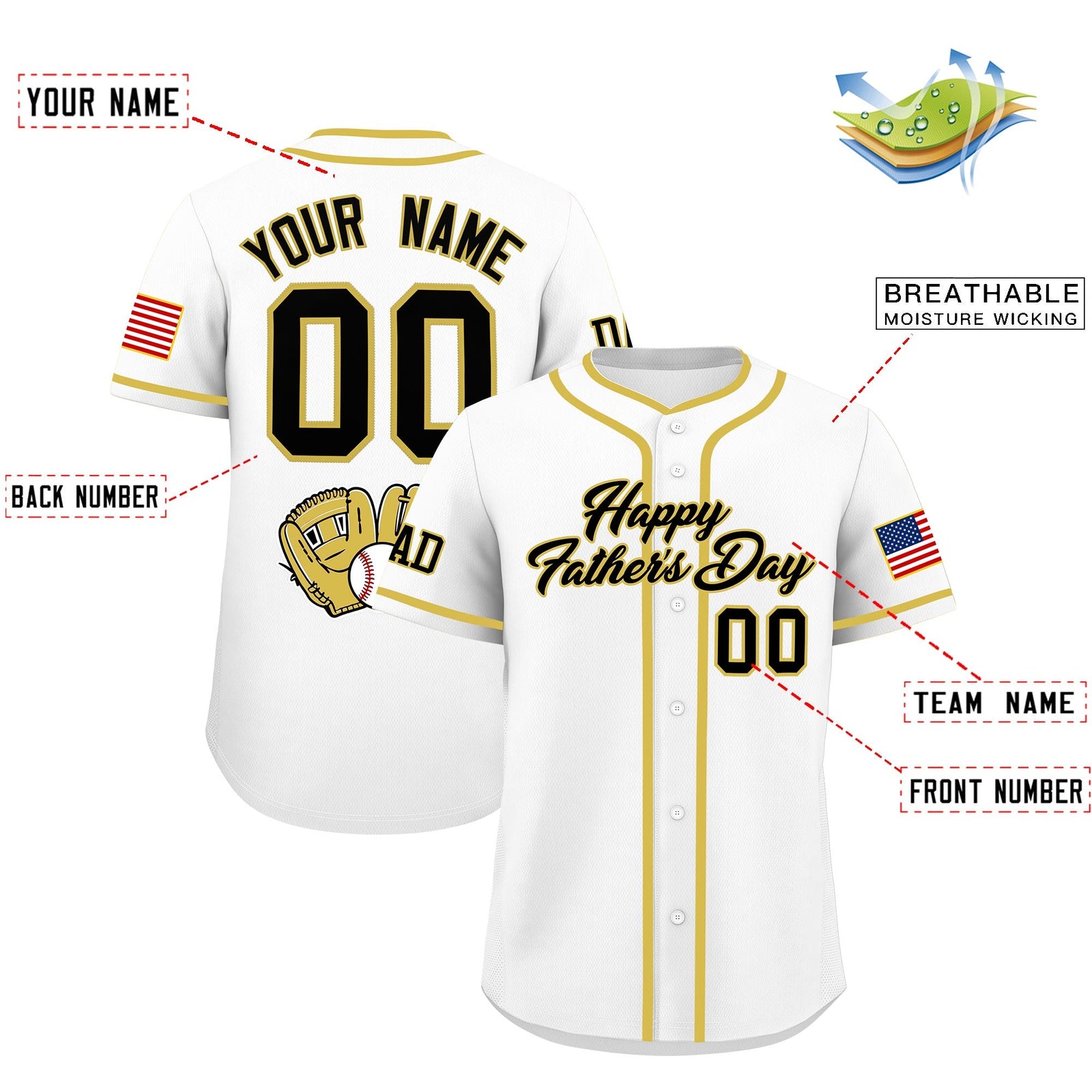 Custom White Black Old Gold Classic Style Father's Day Quick Dry Baseball Jersey| KXKSHOP