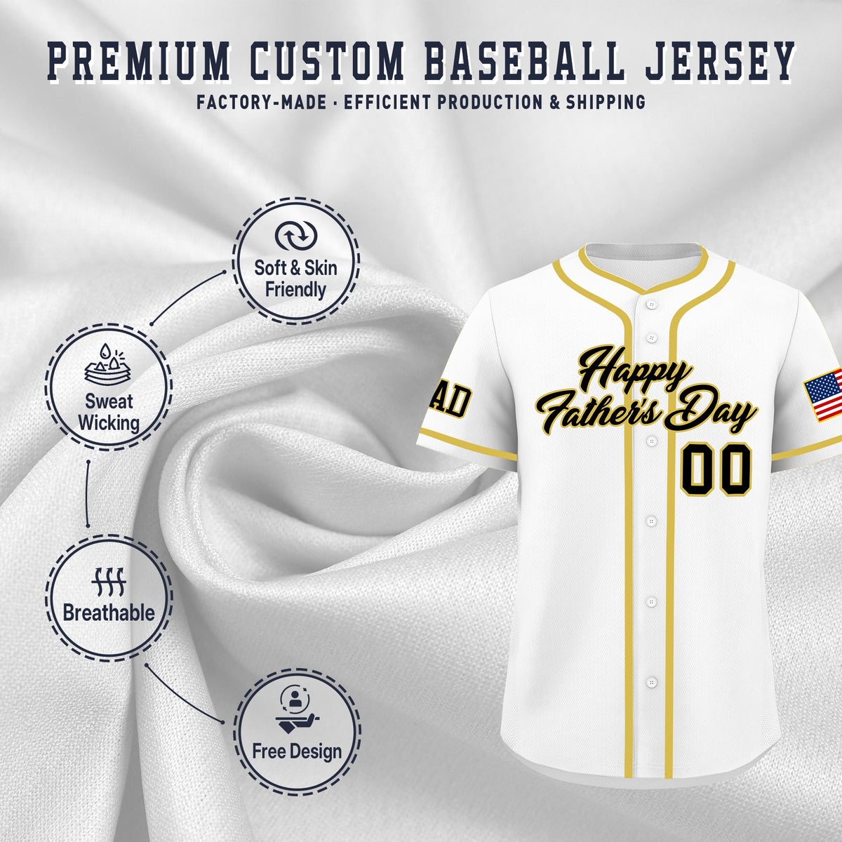 Custom White Black Old Gold Classic Style Father's Day Quick Dry Baseball Jersey| KXKSHOP