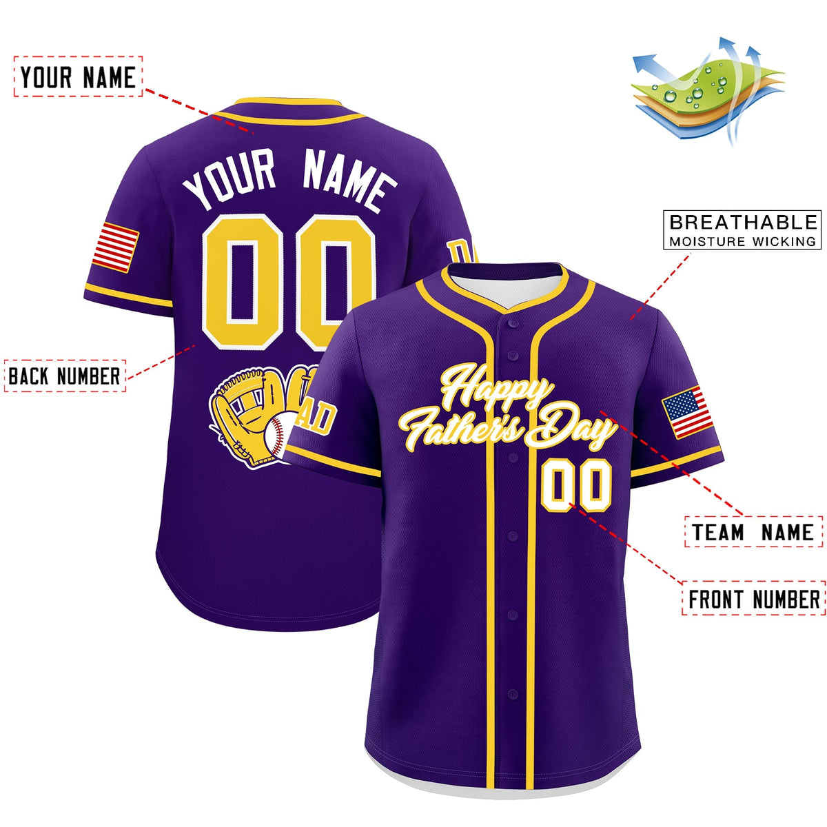 Custom Purple White Gold Classic Style Father's Day Quick Dry Baseball Jersey| KXKSHOP