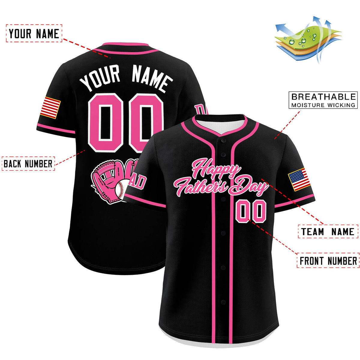 Custom Black Pink White Classic Style Father's Day Quick Dry Baseball Jersey| KXKSHOP
