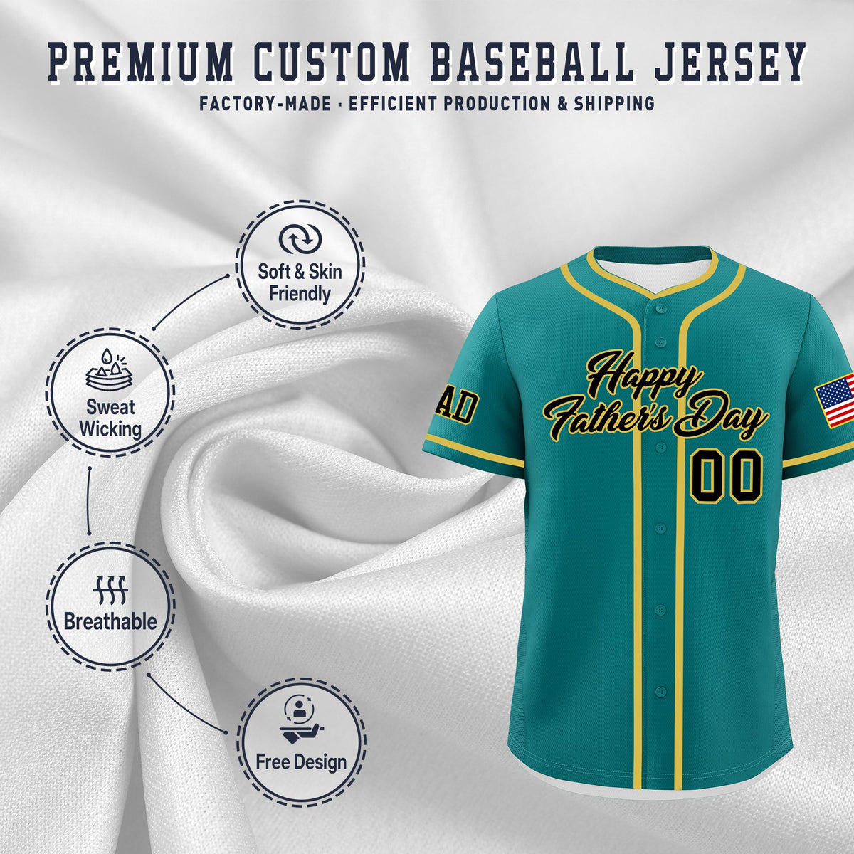 Custom Teal Black Old Gold Classic Style Father's Day Quick Dry Baseball Jersey| KXKSHOP