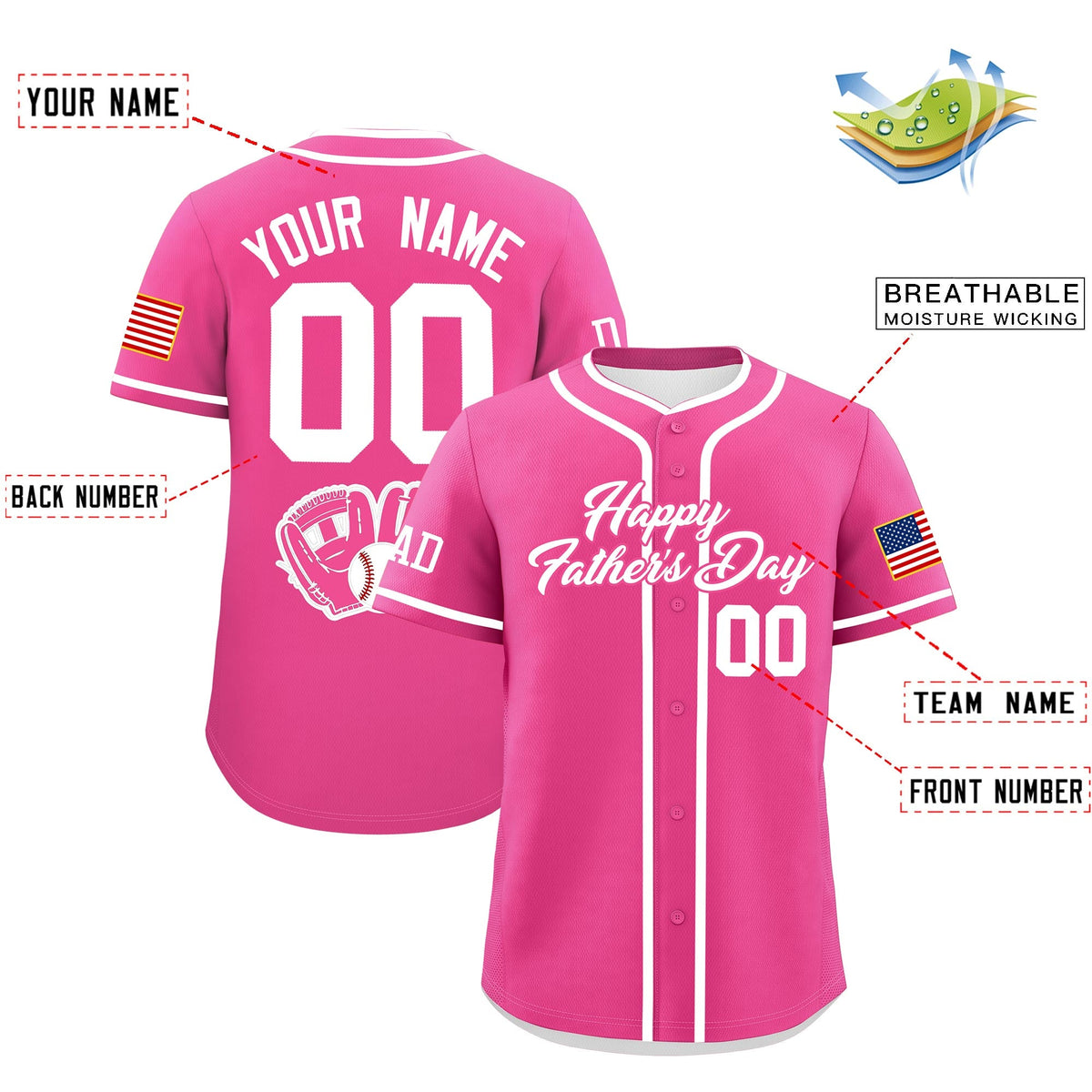 Custom Pink White Classic Style Father's Day Quick Dry Baseball Jersey| KXKSHOP