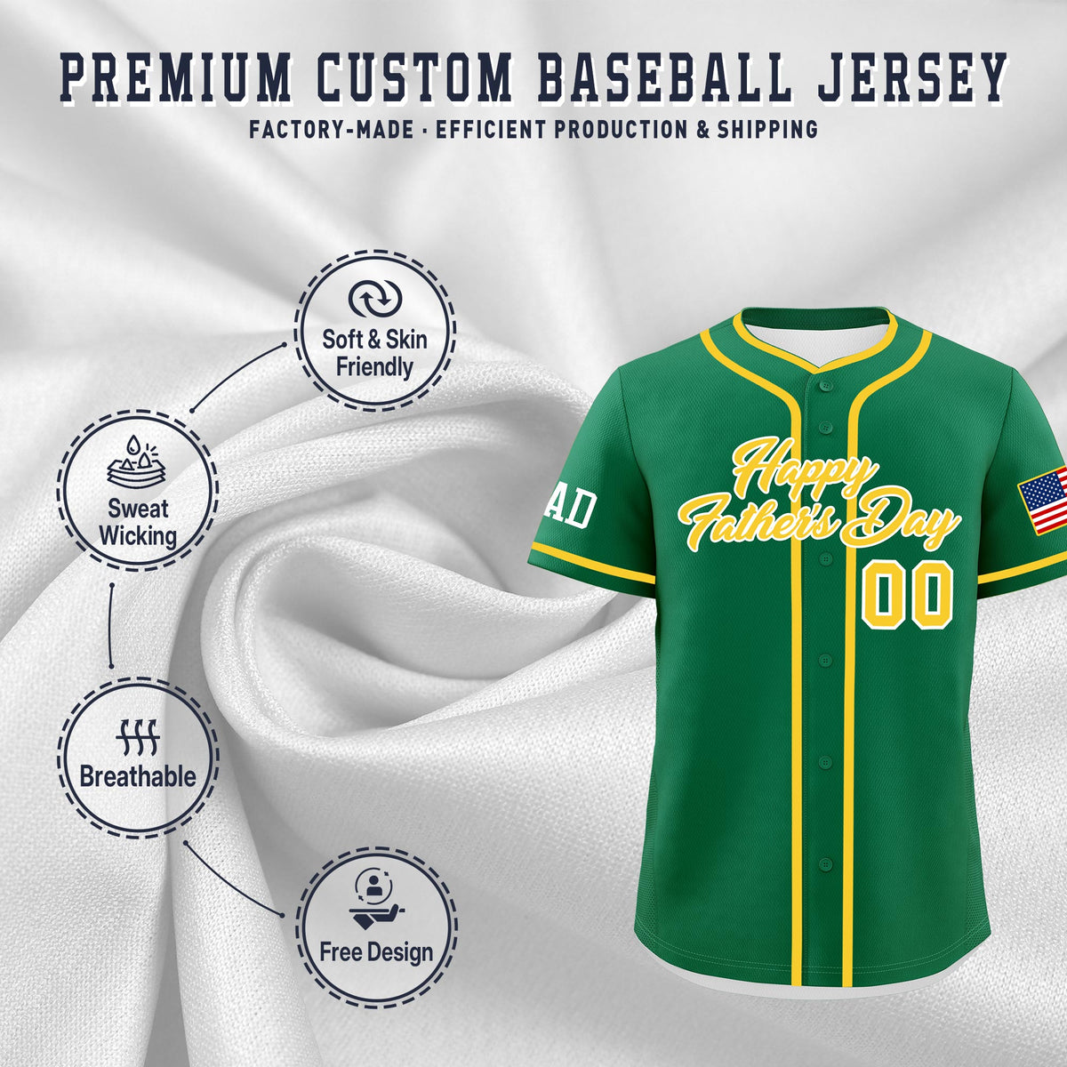 Custom Kelly Green Gold White Classic Style Father's Day Quick Dry Baseball Jersey| KXKSHOP