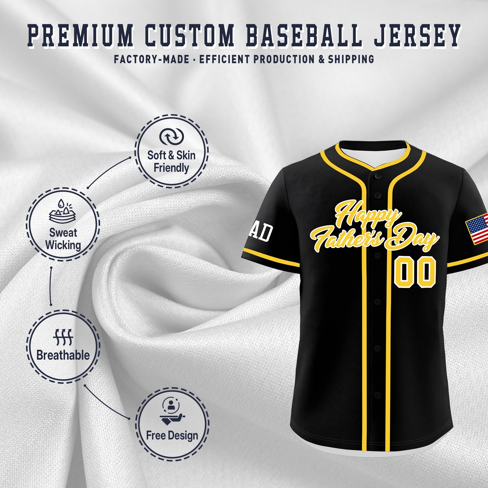Custom Black Gold White Classic Style Father's Day Quick Dry Baseball Jersey| KXKSHOP