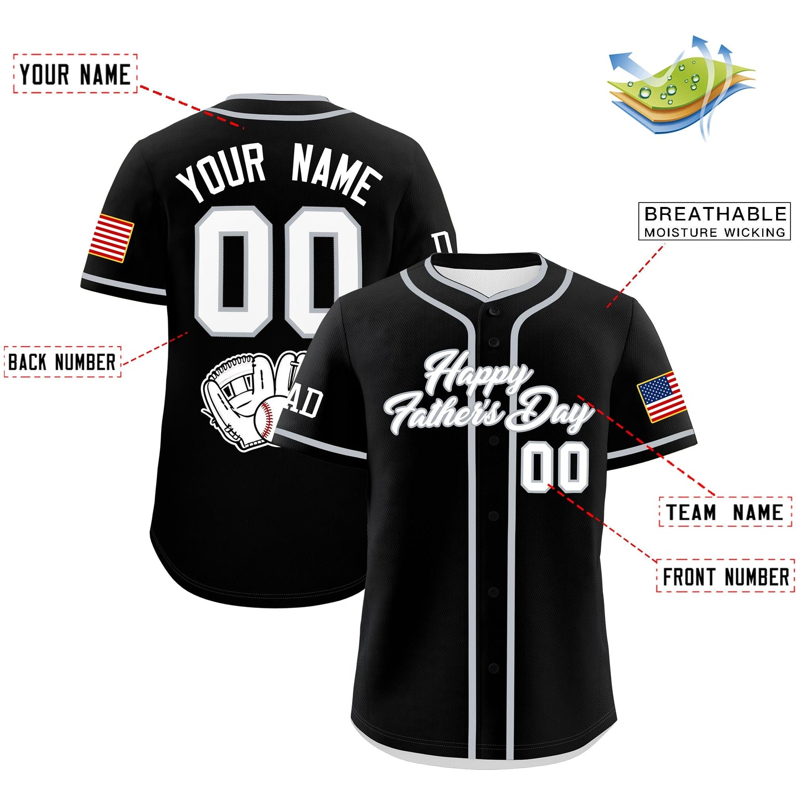 Custom Black White Gray Classic Style Father's Day Quick Dry Baseball Jersey| KXKSHOP