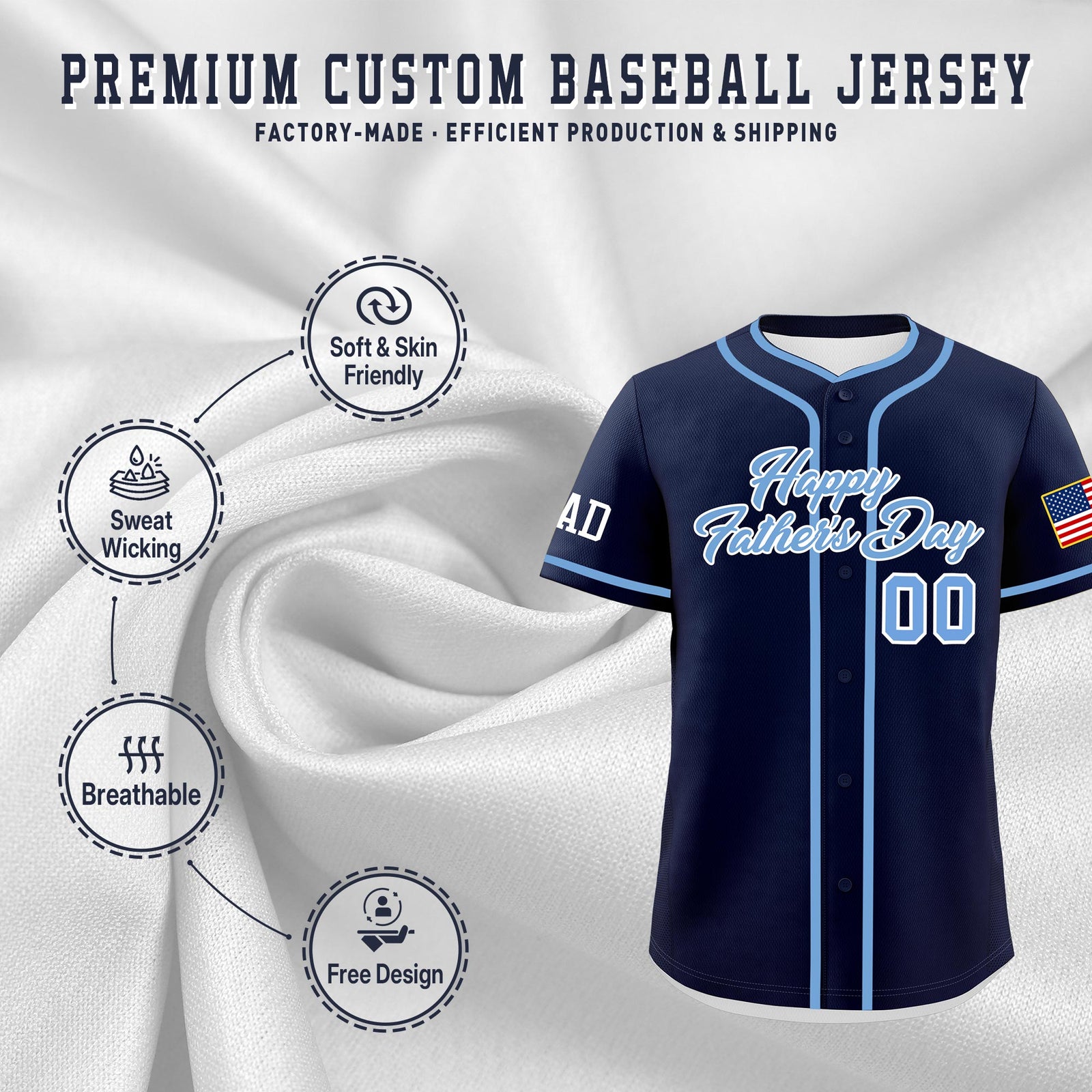Custom Navy Powder Blue White Classic Style Father's Day Quick Dry Baseball Jersey| KXKSHOP