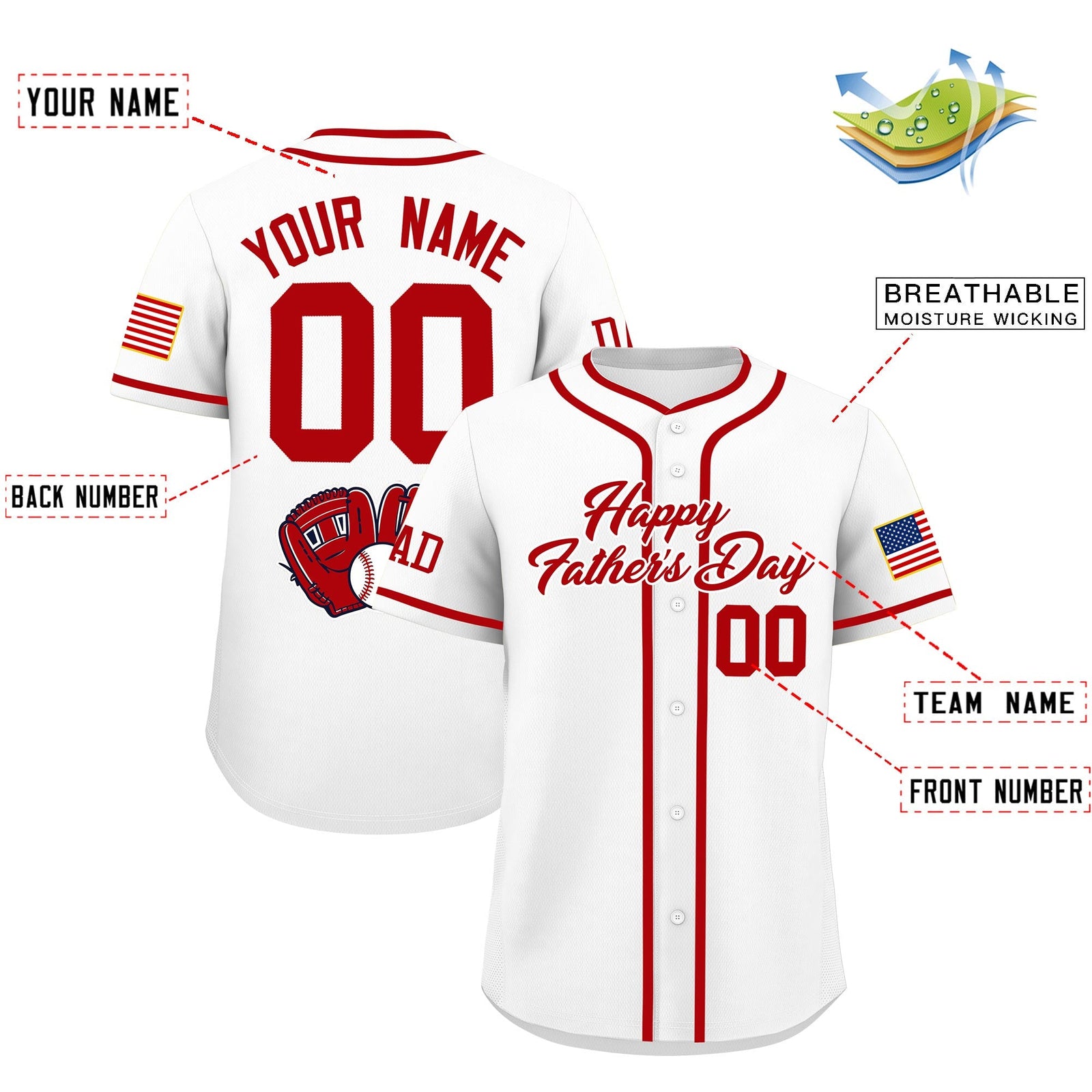 Custom White Red Classic Style Father's Day Quick Dry Baseball Jersey| KXKSHOP