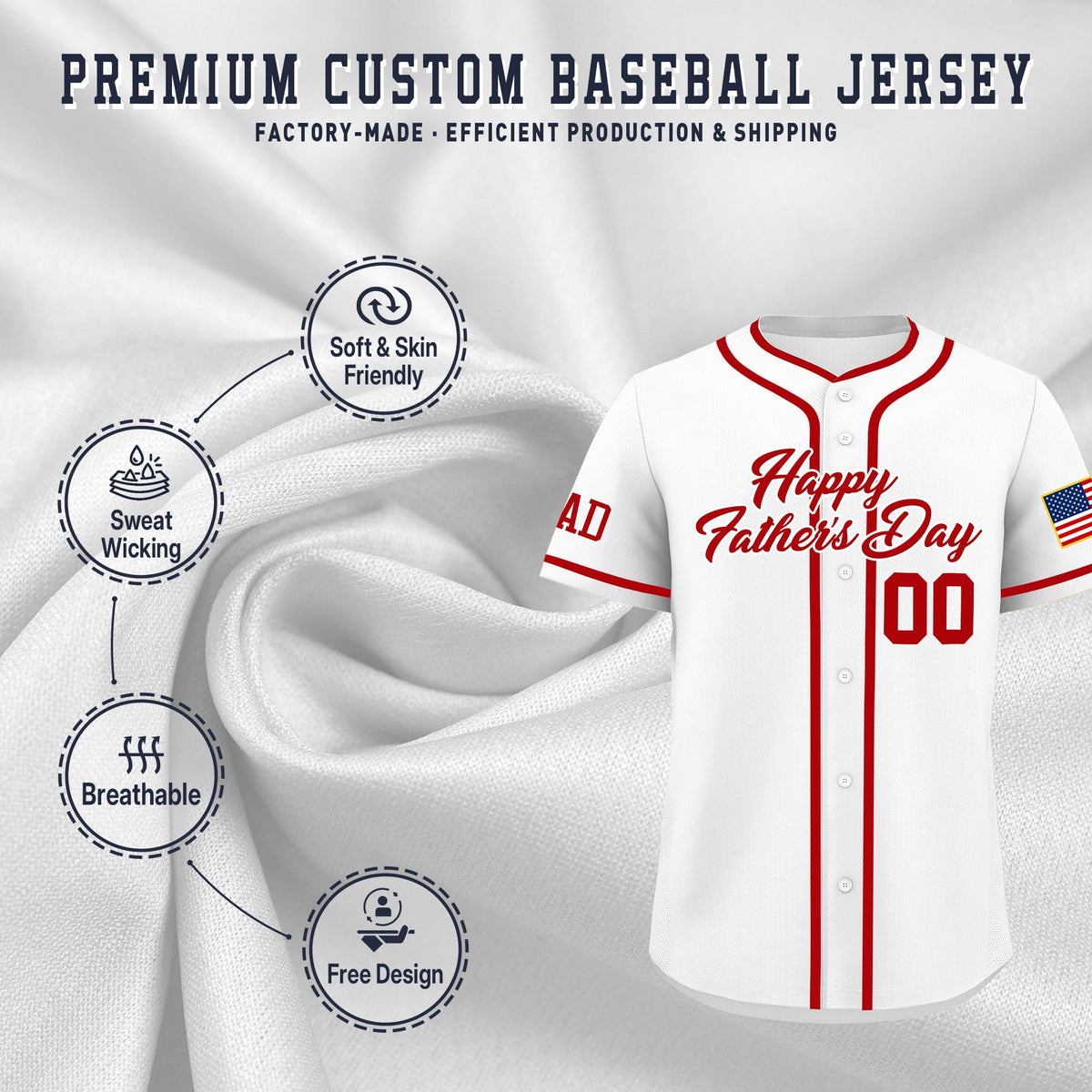 Custom White Red Classic Style Father's Day Quick Dry Baseball Jersey| KXKSHOP