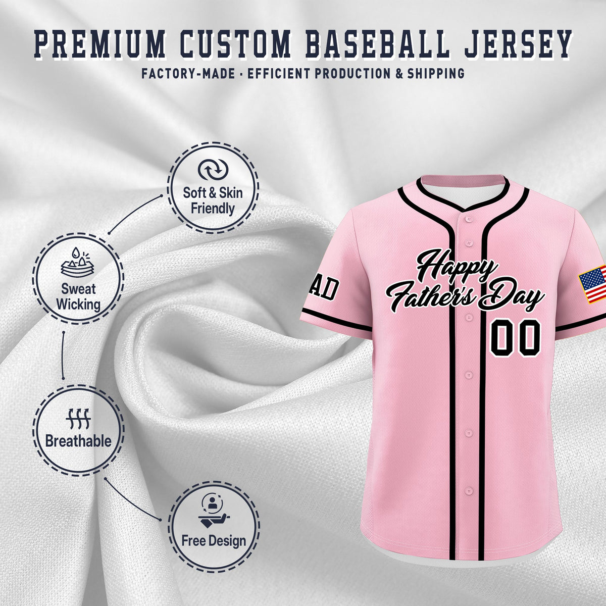 Custom Light Pink Black White Classic Style Father's Day Quick Dry Baseball Jersey| KXKSHOP
