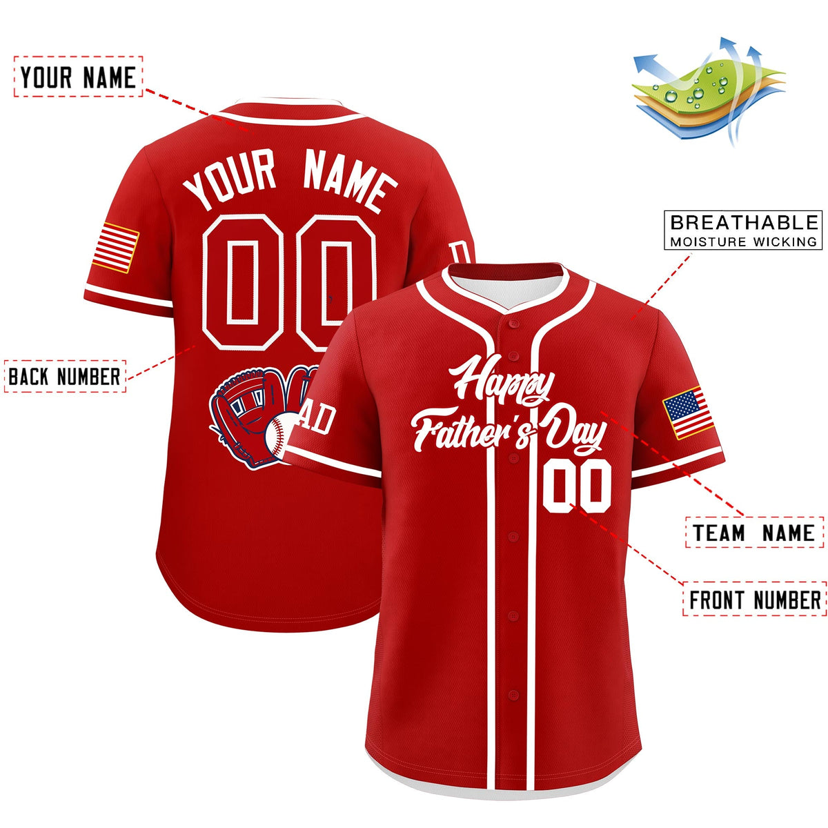 Custom Red White Classic Style Father's Day Quick Dry Baseball Jersey| KXKSHOP