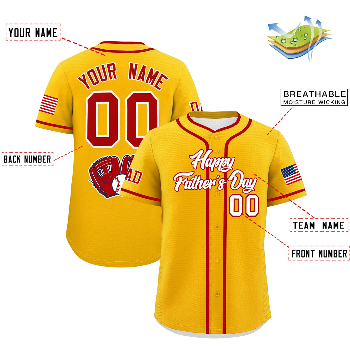 Custom Yellow White Red Classic Style Father's Day Quick Dry Baseball Jersey| KXKSHOP