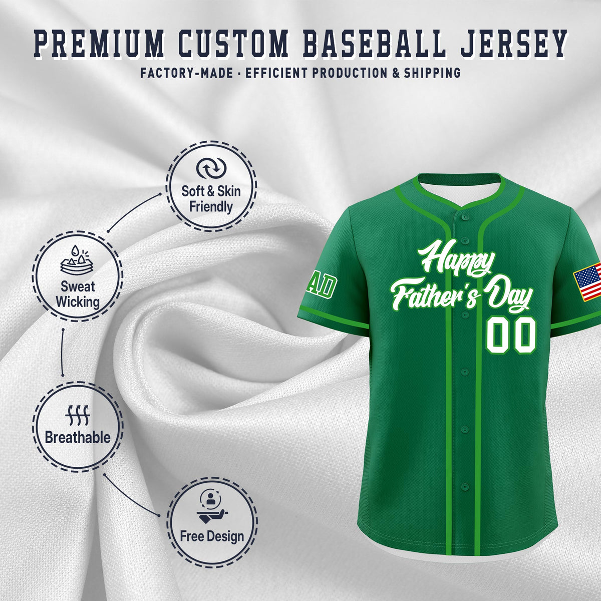 Custom Kelly Green White Light Green Classic Style Father's Day Quick Dry Baseball Jersey| KXKSHOP