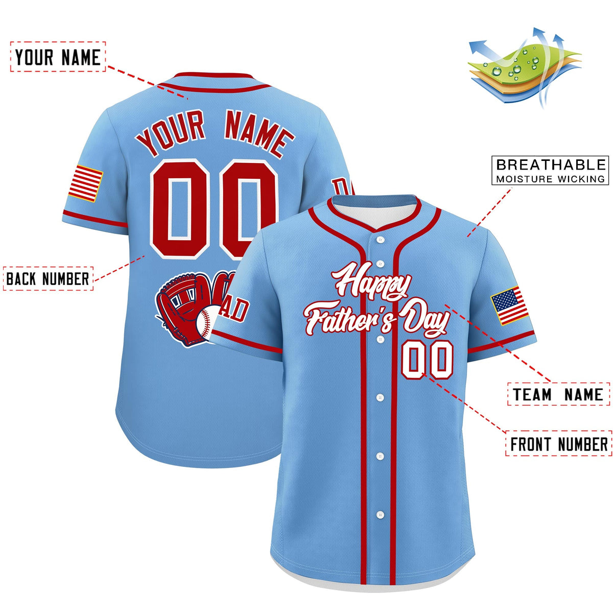 Custom Powder Blue White Red Classic Style Father's Day Quick Dry Baseball Jersey| KXKSHOP