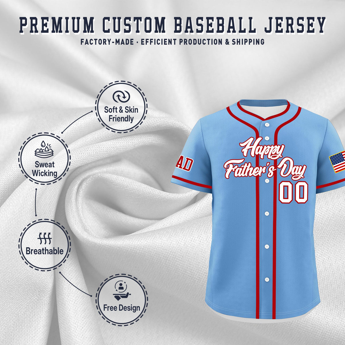 Custom Powder Blue White Red Classic Style Father's Day Quick Dry Baseball Jersey| KXKSHOP